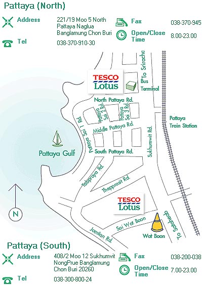 Расположение Tesco Lotus в Паттайе.